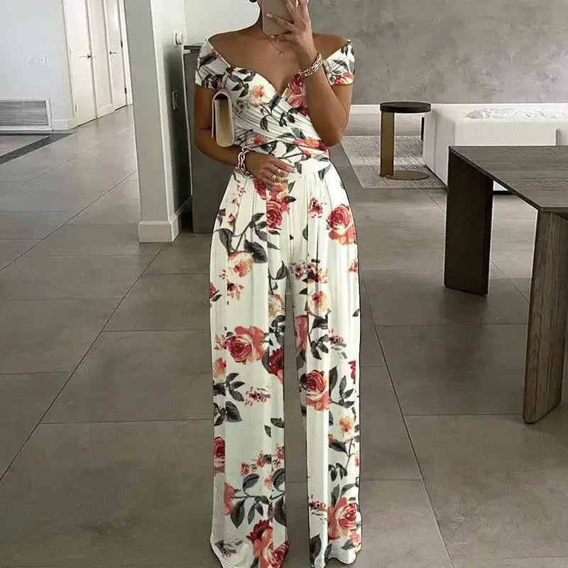 Summer Fashion Sexy Deep V-neck Jumpsuit Women's Short Sleeve Floral Digital Print Waist Trousers Jumpsuit