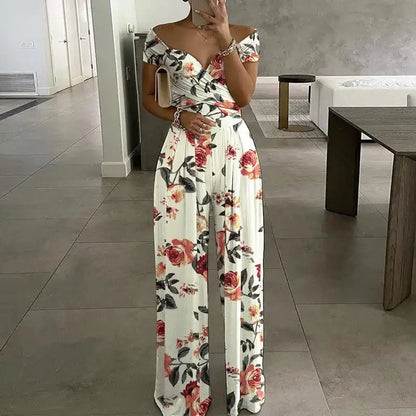 Summer Fashion Sexy Deep V-neck Jumpsuit Women's Short Sleeve Floral Digital Print Waist Trousers Jumpsuit