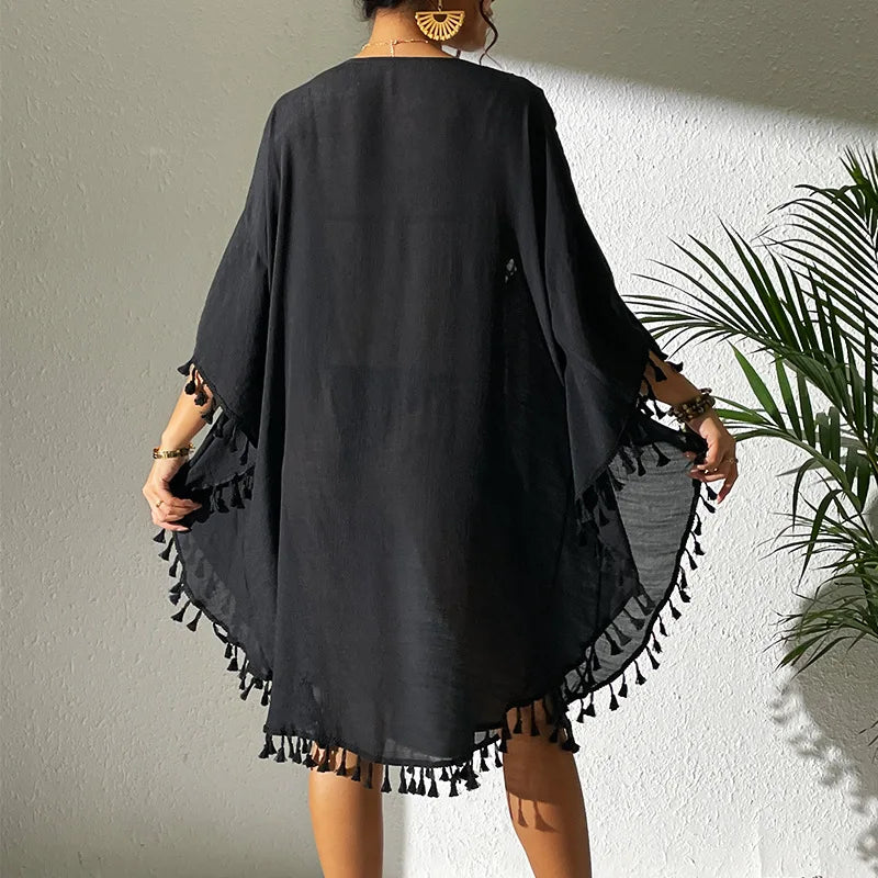 2024 Factory New Summer Women Bikini Cover up Tassel Handmade Crochet Tunic Loose Beach Blouse Dress Swimwear Beach Cover Ups