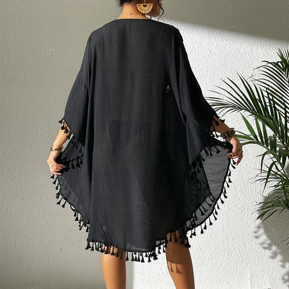 2024 Factory New Summer Women Bikini Cover up Tassel Handmade Crochet Tunic Loose Beach Blouse Dress Swimwear Beach Cover Ups