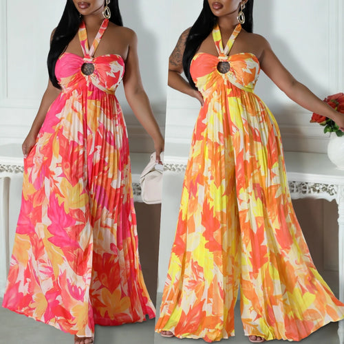C8589 Women's Summer New Sexy Backless Printed Lace-up Wide-leg African Jumpsuit