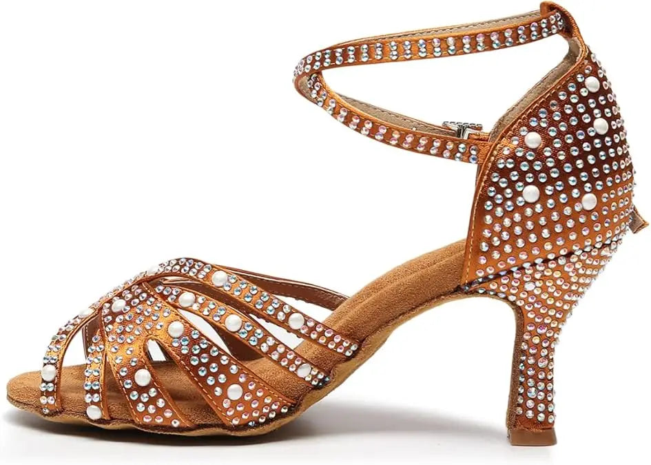 Brown Rhinestone Ballroom Dance Shoes Salsa Sandals Latin Bachata Performance Dancing Shoes