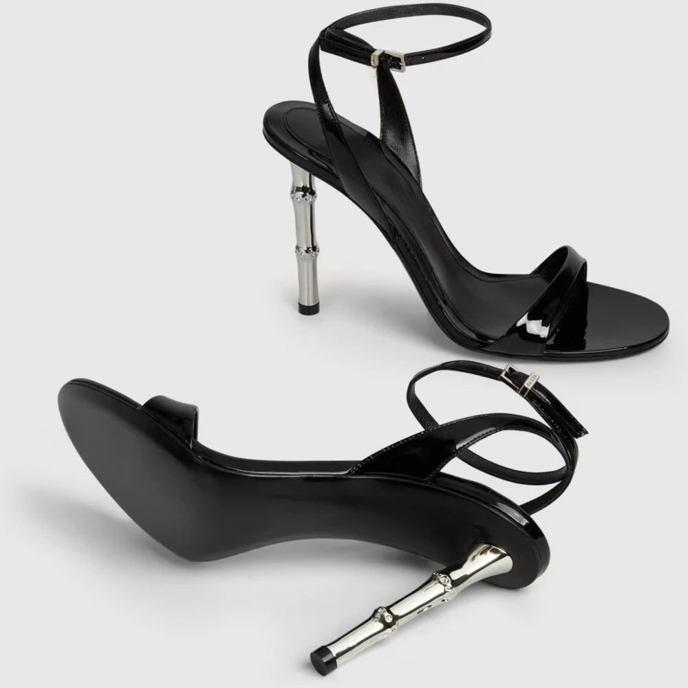 Big Size 45 Women Patent  High Silver Heels Sandals Summer Pointed Toe Back Strap Shoes Single Band Dress Stiletto Slingback
