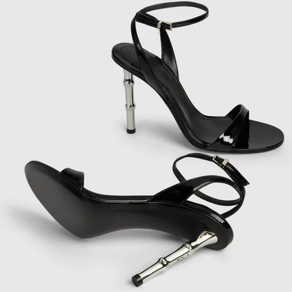 Big Size 45 Women Patent  High Silver Heels Sandals Summer Pointed Toe Back Strap Shoes Single Band Dress Stiletto Slingback