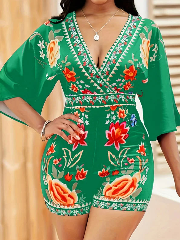 Green V-Neck Floral Print Batwing Sleeve Waist-Cinched Romper