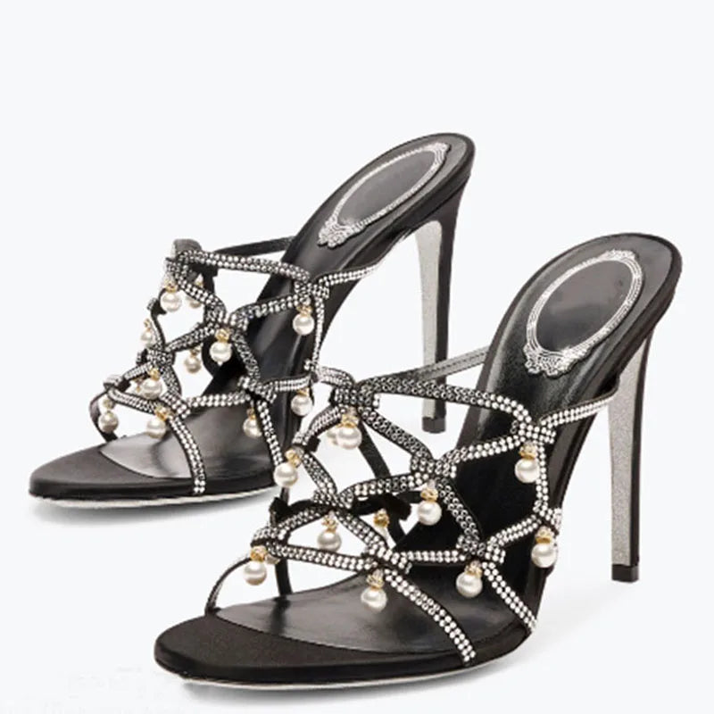 Sandales à talons hauts et fins pour femmes, chaussures d'été à lanières croisées avec strass, mules à talons aiguilles et perles.