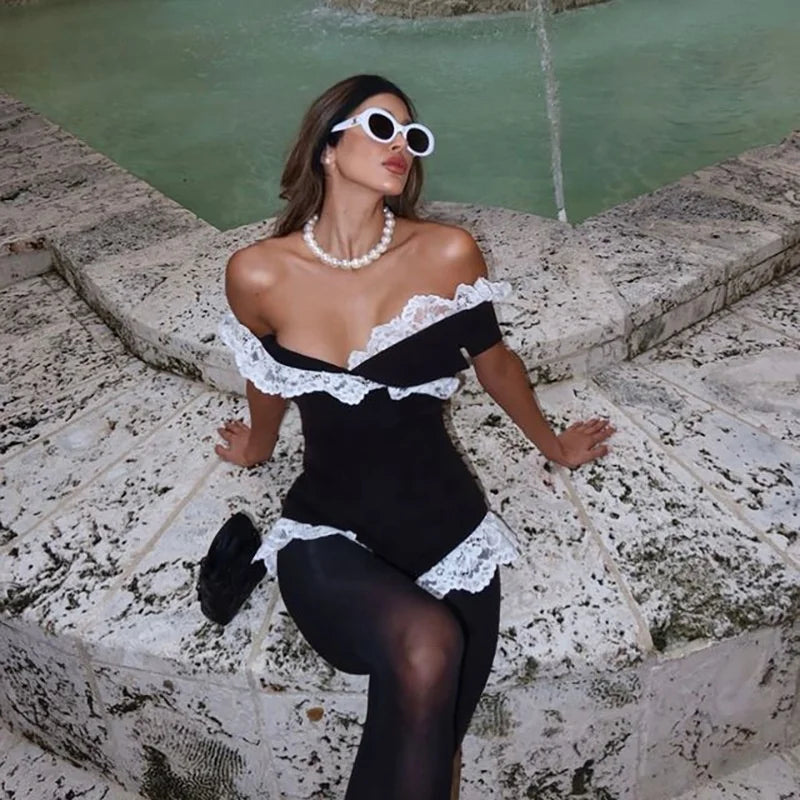 OUDINA Été Nouveau Contrasté Couture Dentelle Femme Haut Bodysuit Combinaison Combinaisons Bodysuits