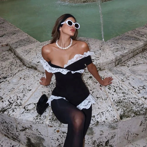 OUDINA Été Nouveau Contrasté Couture Dentelle Femme Haut Bodysuit Combinaison Combinaisons Bodysuits