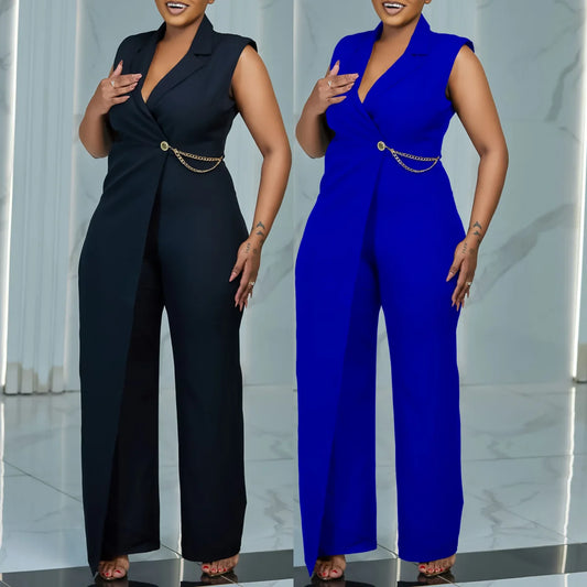 C8576 Women's Summer Sleeveless Suit Collar Temperament Elegant Fashion Solid Color Africa Plus Size Jumpsuit