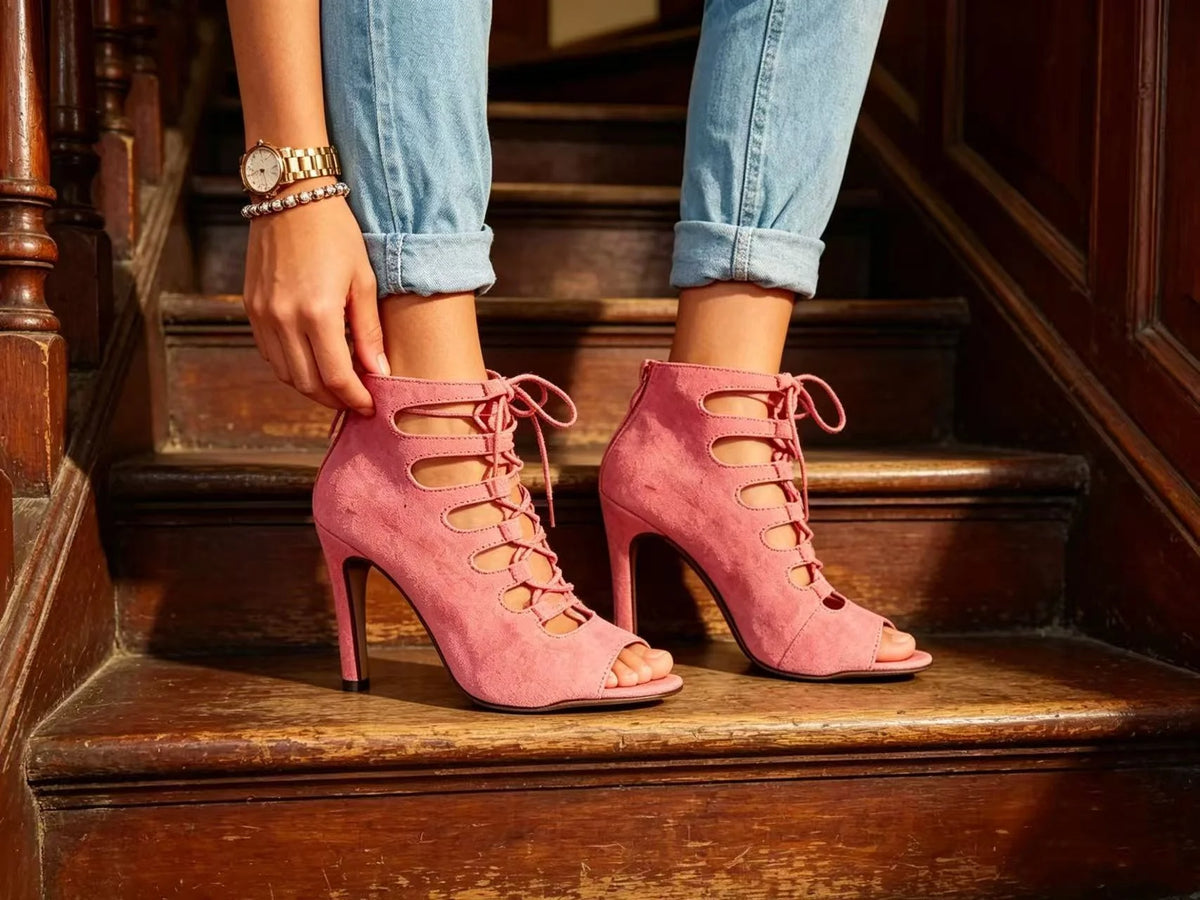 Chaussures latines roses à bout ouvert en daim, bottes de danse, Salsa, Tango, performance, pratique, chaussures de danse de salon, chaussures de jazz à la cheville pour femmes