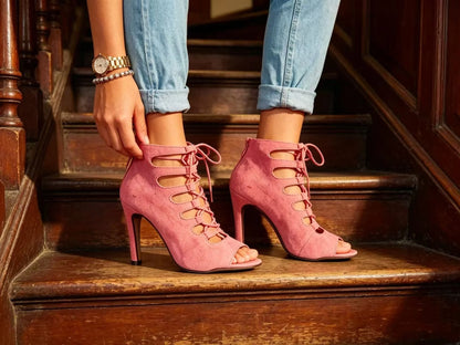 Chaussures latines roses à bout ouvert en daim, bottes de danse, Salsa, Tango, performance, pratique, chaussures de danse de salon, chaussures de jazz à la cheville pour femmes
