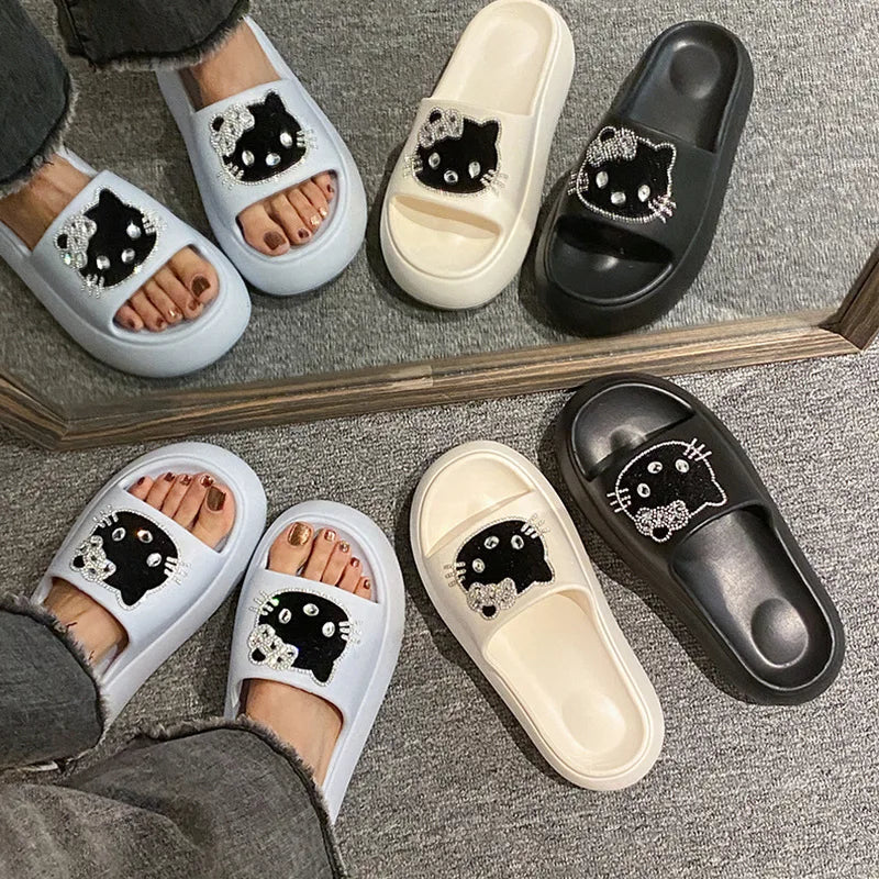 2025 Summer Fashion Sandals KT Cat Cartoon Design One-Word Non-Slip TPR for Slippers Height Increasing Autumn Fashion Trend