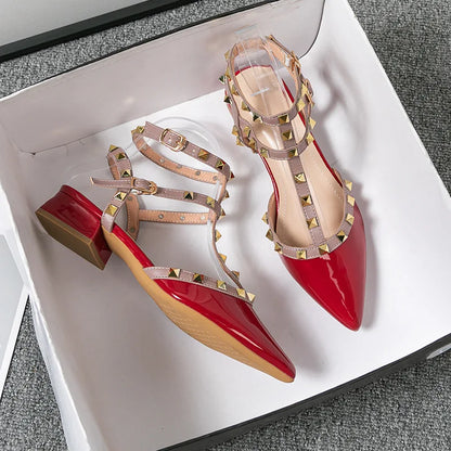 2026 New Style Summer High-heeled Women's Sandals Fashion Brand Design Pointed Rivet Red Black Pink Casual Shoes Large Size 43