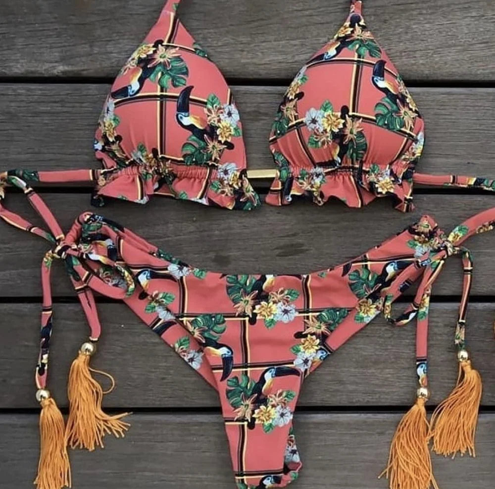 RUOTONGSEPT Sexy Micro Bikinis Set 2024 New Swimsuit Women Feather Print Bandage Swimwear Female Bathing Suit Brazilian Biquinis