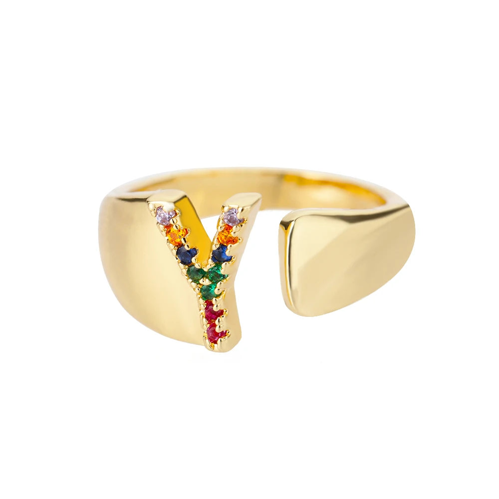 Anelli con lettera zircone arcobaleno per le donne Moda grosso lettera larga AZ anello in acciaio inossidabile matrimonio gioielli Boho spedizione gratuita
