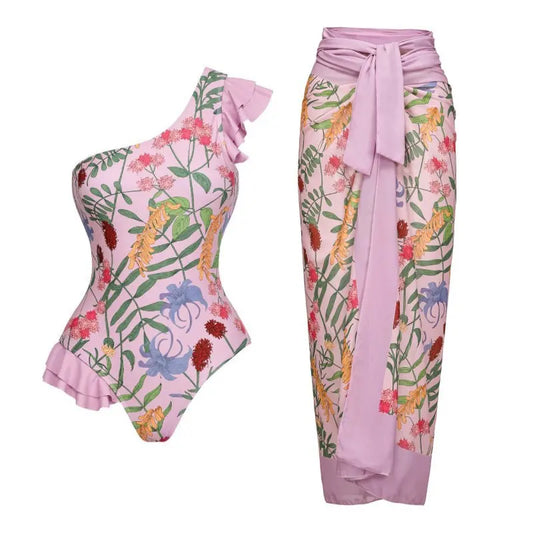 2023 Nouveaux Maillots De Bain Mince Bikini Femme Imprimé Volant Maillot De Bain Avec Robe En Mousseline De Soie Bikinis & Vêtements De Plage