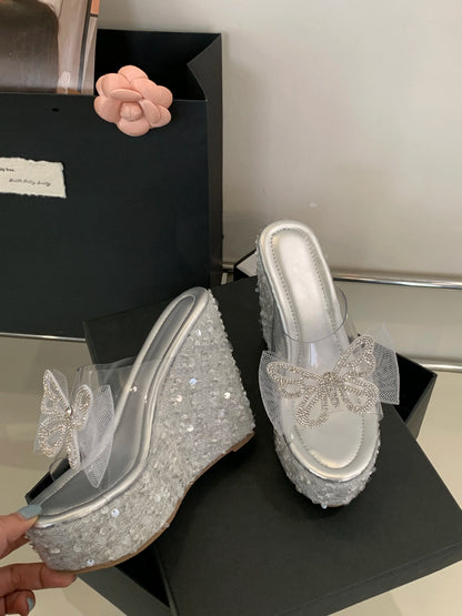 2025 New  Summer Fashion Bow Shining Sandals TPU Casual Slope Heel Slippers Ultra High Heels