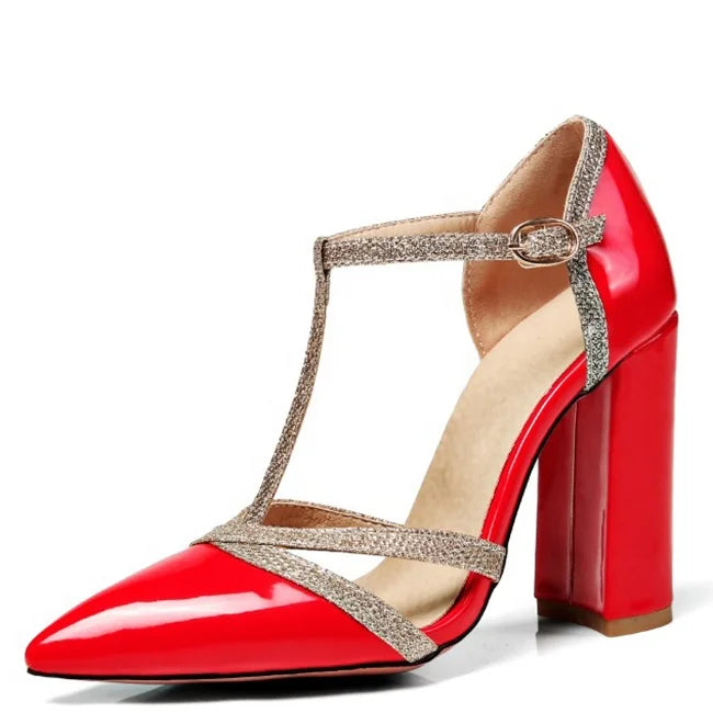 Big Size 47 Patent Leather Women Block High Heels Shoes for Evening Fetish Multi-colors Pointed Toe Pumps T-strap Sandals Ladies