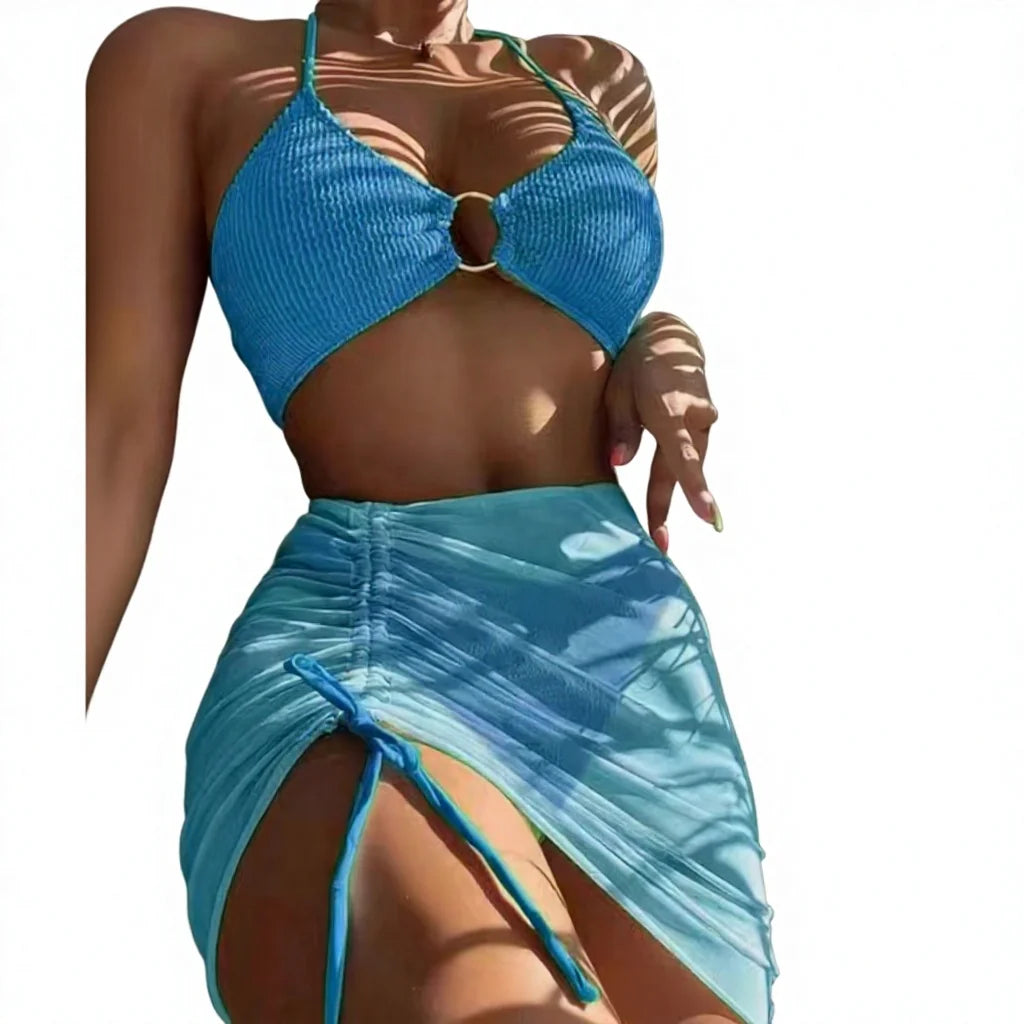 2023 New Sexy Solid Three-Piece Swimsuit Floral Pattern Mesh Bikini Set Spandex/Nylon Split Swimwear & Beachwear
