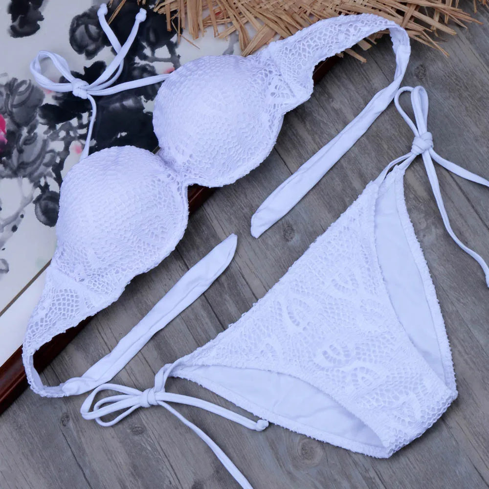 Bikini Solide Avec Bretelles Bandage Ensemble Bikini Blanc Push Up Bikini Maillots De Bain Bandeau Maillot De Bain Brésilien Maillot De Bain