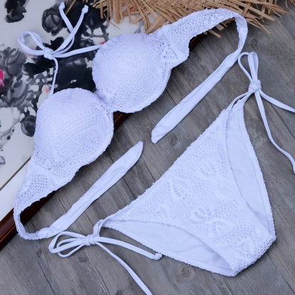 Bikini Solide Avec Bretelles Bandage Ensemble Bikini Blanc Push Up Bikini Maillots De Bain Bandeau Maillot De Bain Brésilien Maillot De Bain