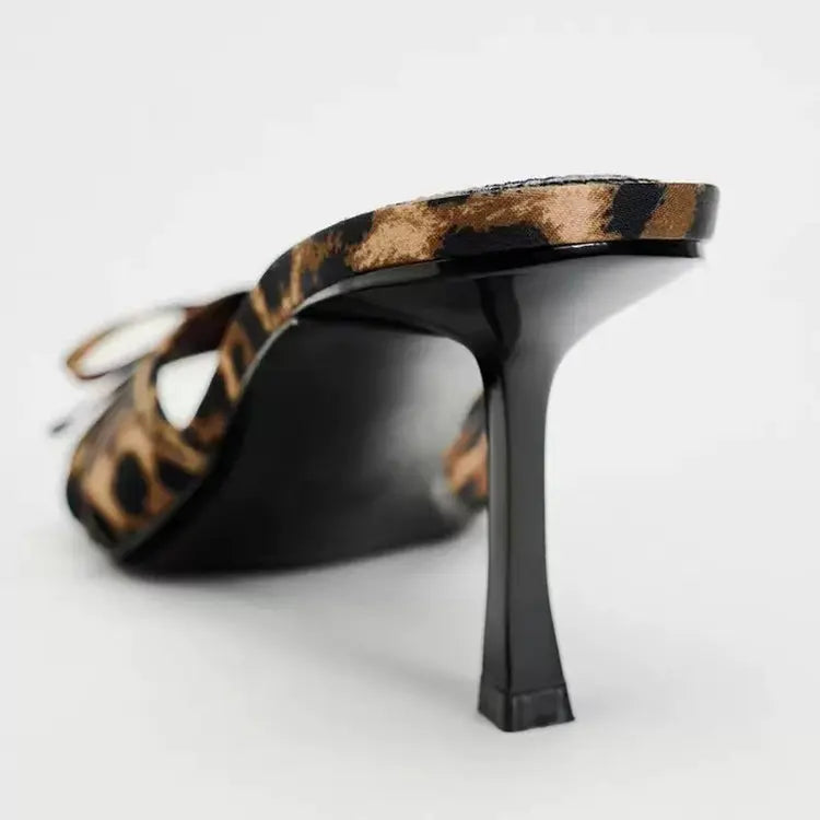 2025 Women's Leather Shoes with Leopard Print, Bowknot Design, Thin Stiletto Heels, Open Back, Round Toe, Open Toe Sandals