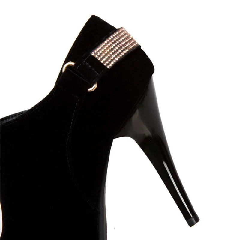 REAVE CAT Ankle Boots Pointed Toe Shoes women Sale Thin Heels Flock Suede Leather Rhinestone Big Size 31-50 Weeding Blue Black