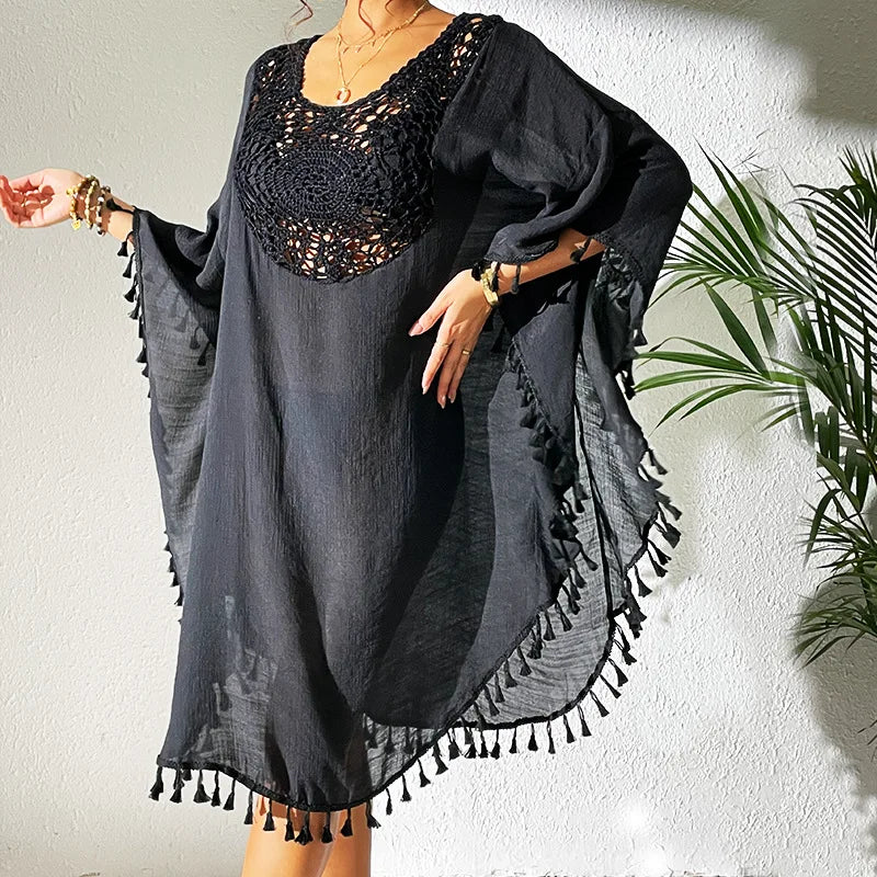 2024 Factory New Summer Women Bikini Cover up Tassel Handmade Crochet Tunic Loose Beach Blouse Dress Swimwear Beach Cover Ups