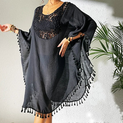 2024 Factory New Summer Women Bikini Cover up Tassel Handmade Crochet Tunic Loose Beach Blouse Dress Swimwear Beach Cover Ups