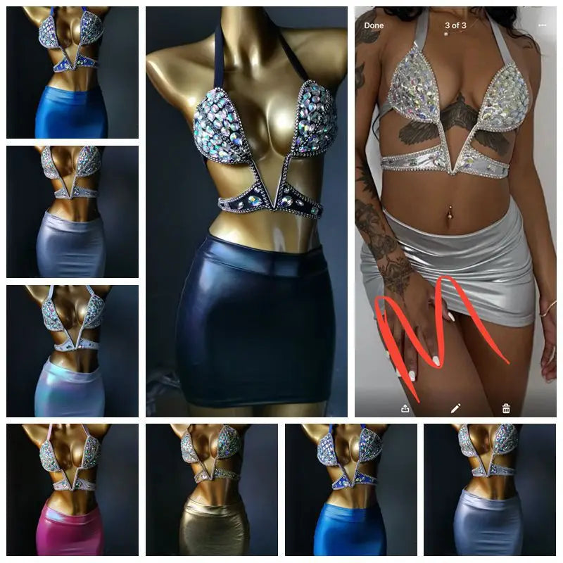 Damen Sexy Body Chain Kristall Diamant Bikini Strand Luxus Bademode Schmuck Crop Top BH für Nachtclub High Cut Bikini Set