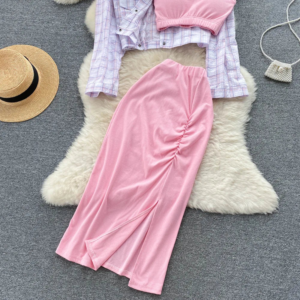 ANSZKTN Sommer Damen Sommeranzug Damen Sonnenschutzhemd Vielseitiger sexy BH Faltenrock Dreiteiler Mode