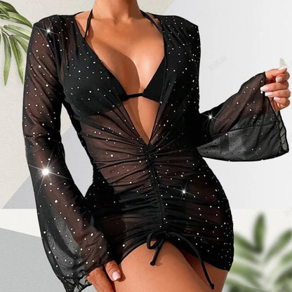 Womens 3 Piece Hot Bikini Swimwear Bikini Set Swimsuit With Cover Ups and Beachwear Dress Bathing Suit Cover Ups for Woman Sexy