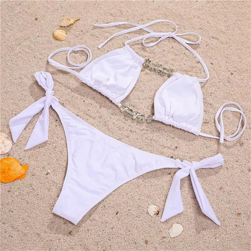 Bikini Leopardato con Strass 2026, Costume da Bagno Donna Scavato, Perizoma Femminile, Set Bikini con Diamanti, Halter