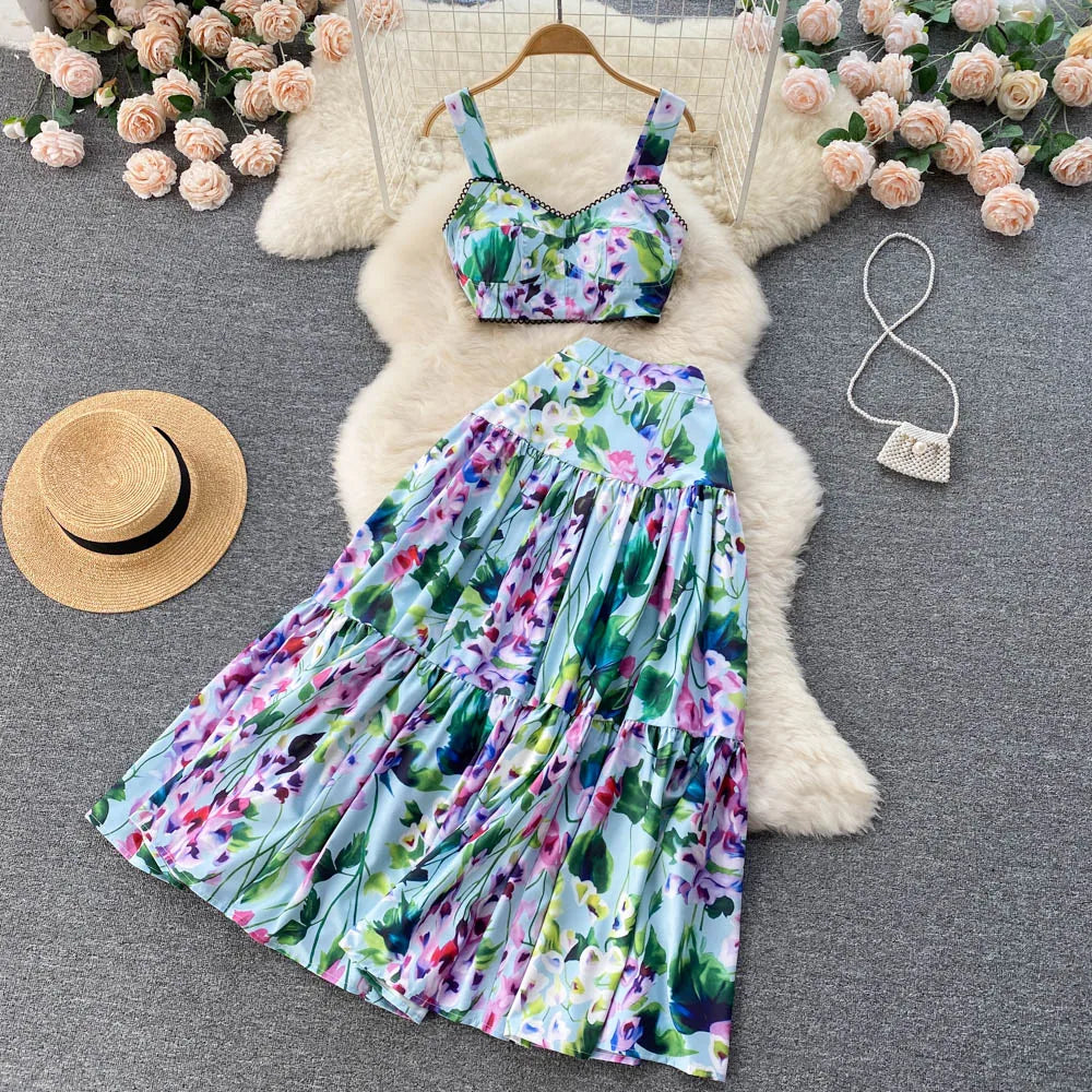 ANSZKTN et le style de vacances américain ANSZKTN Print Suit Femme Courte Bretelle Haut Jupe Plissée Ensemble