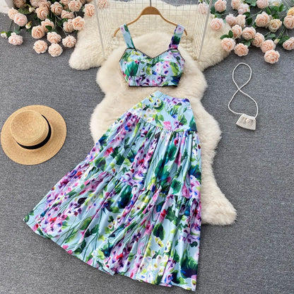 ANSZKTN et le style de vacances américain ANSZKTN Print Suit Femme Courte Bretelle Haut Jupe Plissée Ensemble