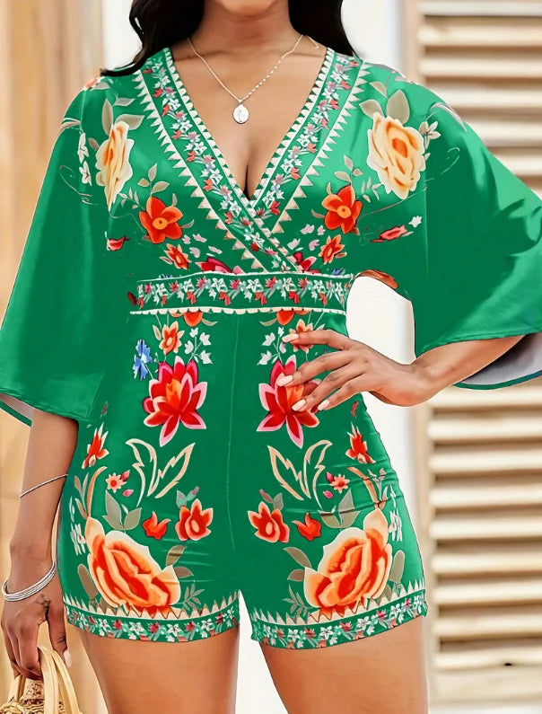 Green V-Neck Floral Print Batwing Sleeve Waist-Cinched Romper