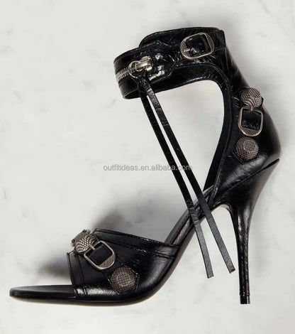 Top Quality Studded Decorative Buckle Tasseled Zip Designs Calf Leather Ankle Strap Cagole Embellished 110mm Leather Sandals