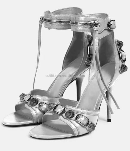 Top Quality Studded Decorative Buckle Tasseled Zip Designs Calf Leather Ankle Strap Cagole Embellished 110mm Leather Sandals