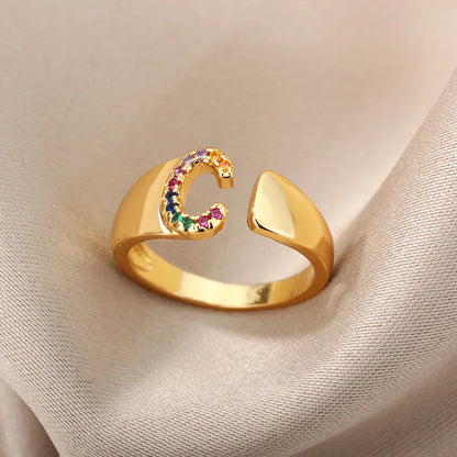 Anelli con lettera zircone arcobaleno per le donne Moda grosso lettera larga AZ anello in acciaio inossidabile matrimonio gioielli Boho spedizione gratuita