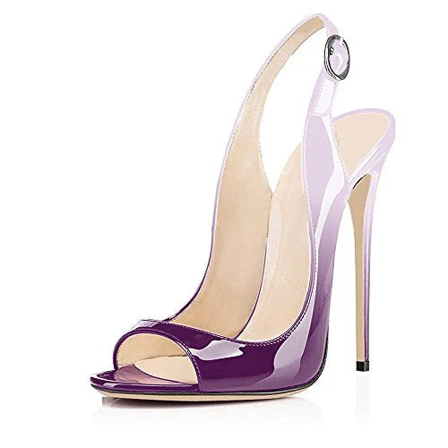 Sandales à talons hauts pour femmes en cuir verni dégradé Escarpins à bride arrière avec boucle Bout ouvert Talon aiguille