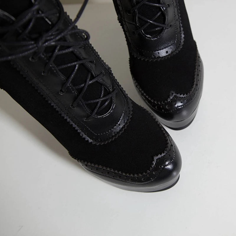 REAVE CAT Ankle Boots Lace Up Flock Platforms Round Toe Block Heel Short Plush Black Yellow Grey A4506