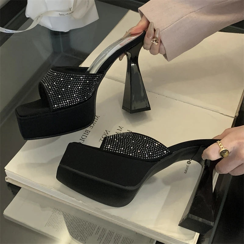 2025 Summer New Glitter Fish Mouth Slippers Black Fashion Thick Heel Waterproof Platform Sandals High Heels Slippers