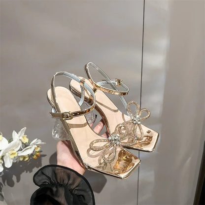 2025 Women's Fashion Rhinestone Bowknot High Wine Glass Sandals Pointed Toe Breathable  for Summer Autumn Wedding Parties