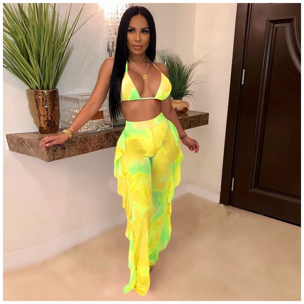 Summer Night Club Bikini Halter Sexy Swimsuits for Women 2Pcs Sheer Sexy 2025 Women Long Pant Bathing Suits