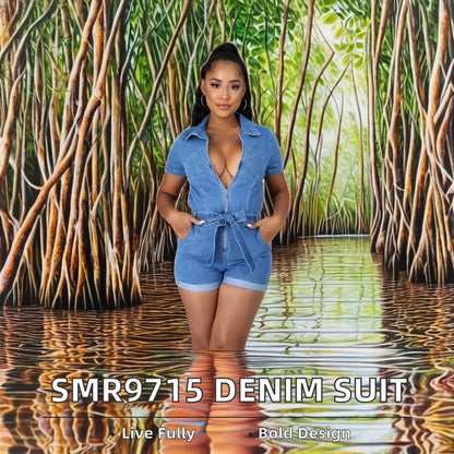 Combinaison décontractée d'été taille haute pour femme, fitness, denim respirant, jean, manches courtes, décoration patchwork, tricot