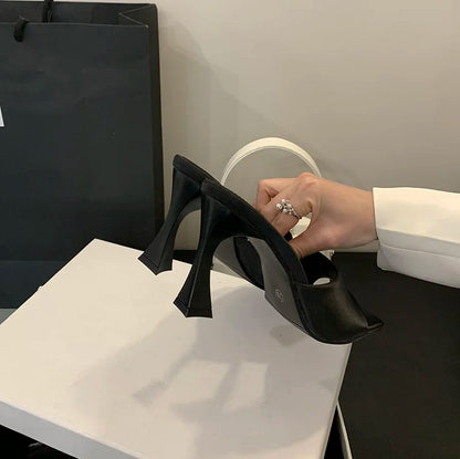 8CM Simple Style Women Slippers Silk Stiletto Heels Summer Outdoors High Heeled Sandals Comfortable Party Ladies Shoes Mules