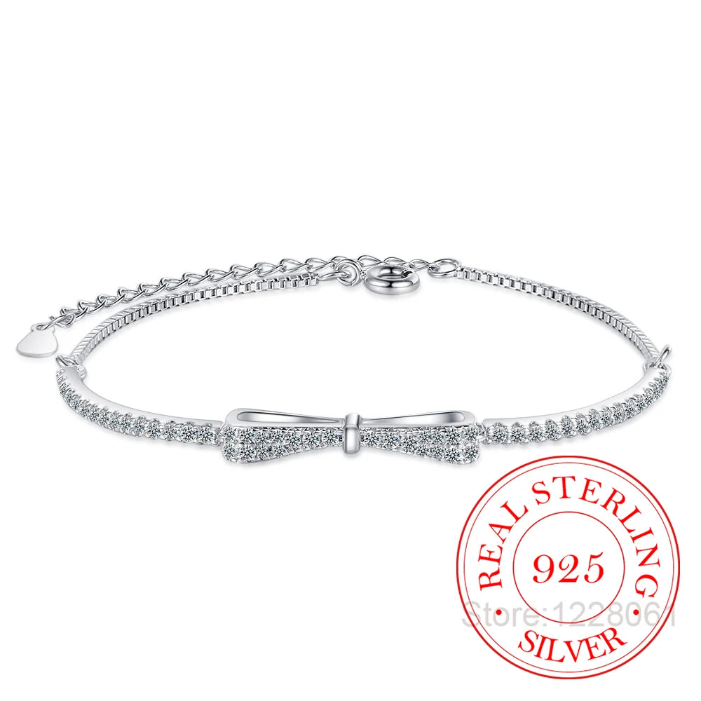 Bracelet pour femmes en argent sterling 925, nœud papillon, zircon brillant, bracelet de tennis Pulsera Plata 925 Mujer, bijoux de fête de mariage pour filles, cadeaux