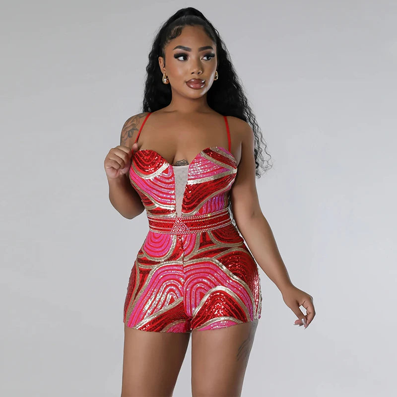 In Stock CY900886 Woman Short Romper Sequin Umpsuit Waist Stones Bodysuits Jumpsuit Women