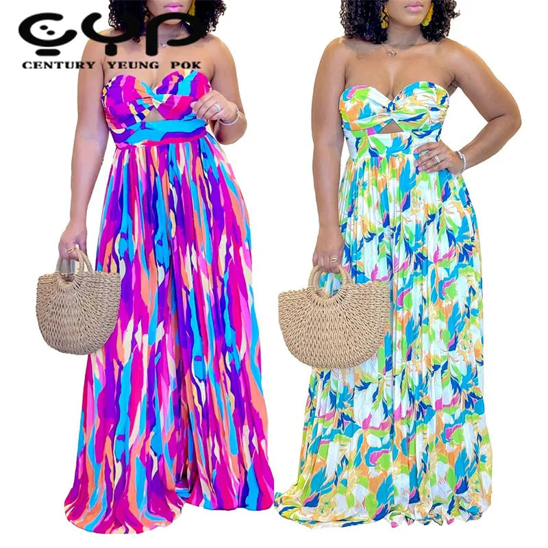 Neuester Sommer-Design Satin-Jumpsuit für Damen, sexy, trägerlos, schulterfrei, plissiert, weites Bein, Knopfverzierung für Party-Anlässe
