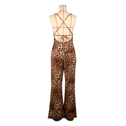 Damen-Overall, hoch tailliert, ärmellos, Sommer, lässig, Satin, Micro-Pull, mit Träger, Leopardenmuster, hoch tailliert